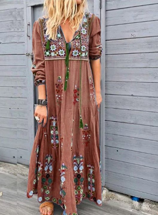 Women's Maxi Dresses Floral Multicolor Long Sleeve V Neck Boho Maxi Dress