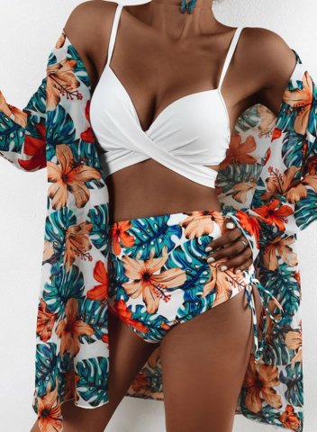 Women's Bikinis Color Block Floral Sleeveless Spaghetti Vacation Bikini With Smock