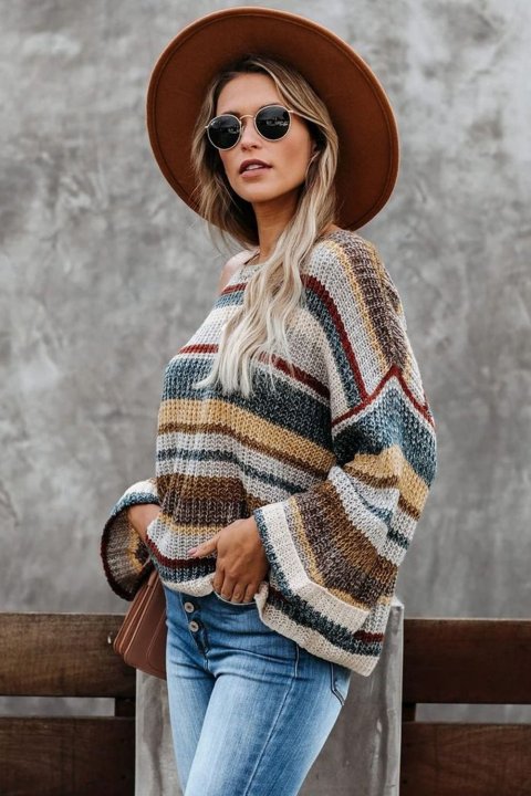 Women's Sweaters Dropped Shoulder Striped Relaxed Sweaters