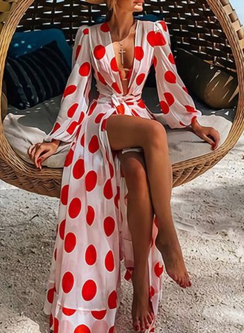 Women's Maxi Dress Polka Dot Color Block A-line Long Sleeve V Neck Knot Summer Vacation Casual Beach Maxi Dress