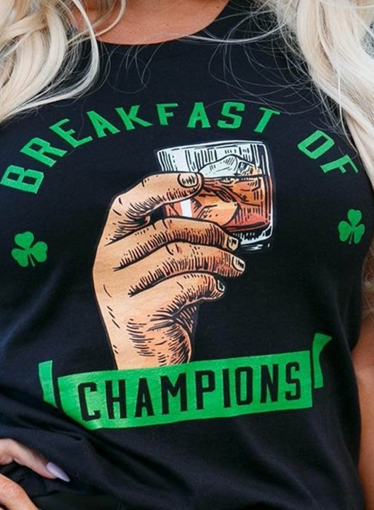 Women's St Patrick's Day T-shirts Breakfast of Champions Clover print Short Sleeve Casual Black T-shirt