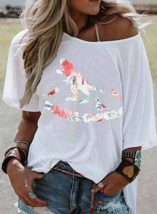 Women's Mama Saurus Print T-shirts Solid Cold Shoulder Round Neck Half Sleeve Summer Daily Mom T-shirts