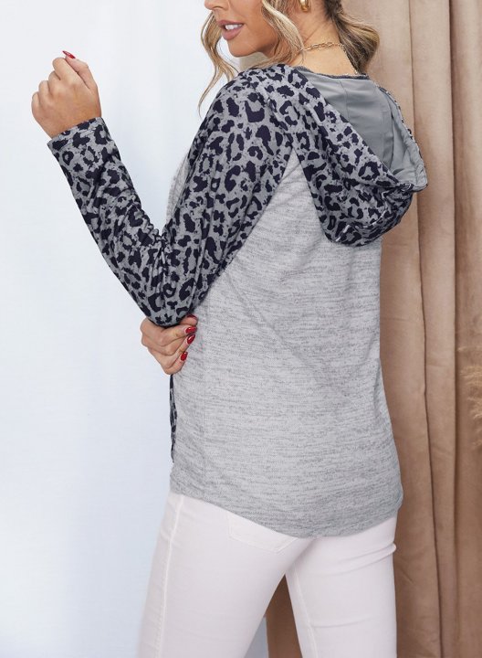 Color Block Leopard Long Sleeves Hoodie