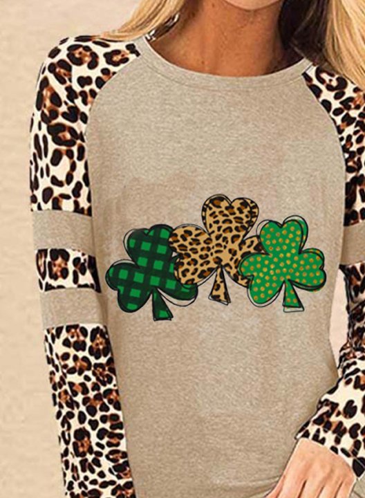 Women's Tunic Tops Casual Color Block Shamrock Leopard Round Neck Long Sleeve Daily Tops