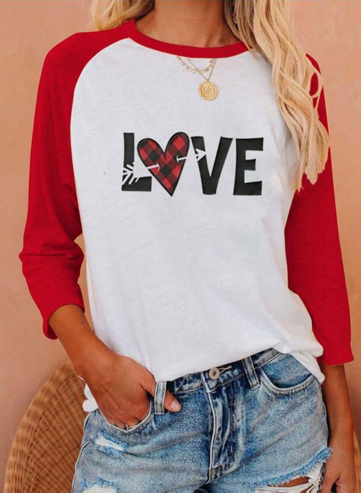 Women's T-Shirt Love Heart Print T-shirts Color-block Letter Plaid Print 3/4 Sleeve Round Neck T-shirt