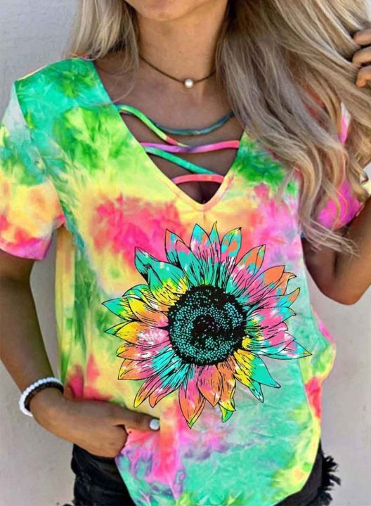 Women's T-shirts Tiedye Sunflower Print Short Sleeve V Neck Daily T-shirt