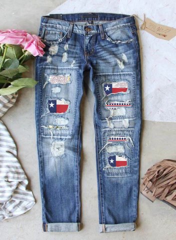 Women's Jeans Straight Letter Flag Star Mid Waist Cut-out Ankle-length Casual Jeans