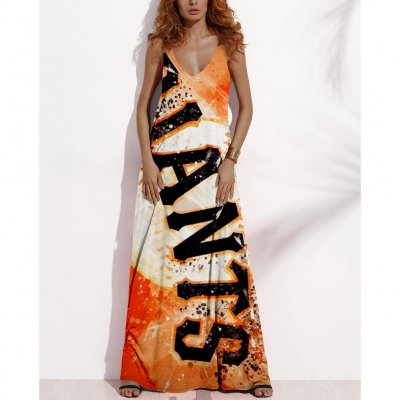Women's Summer SAN FRANCISCO GIANTS Fan Print V-neck Sleeveless Loose Long A-line Dress