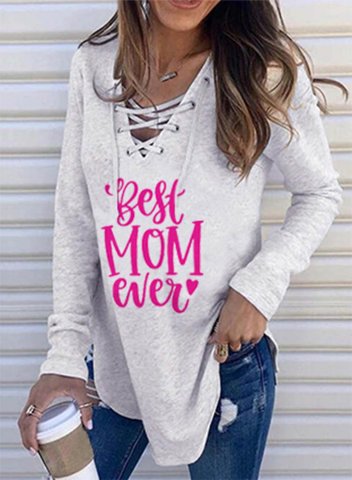 Women's Best Mom Ever Sweatshirt Criss Cross Letter Solid V Neck Long Sleeve Mother's Day Gifts Shirts