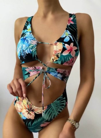 Women's One Piece Swimwear Floral U Neck Knot Cut Out One-Piece Swimsuit