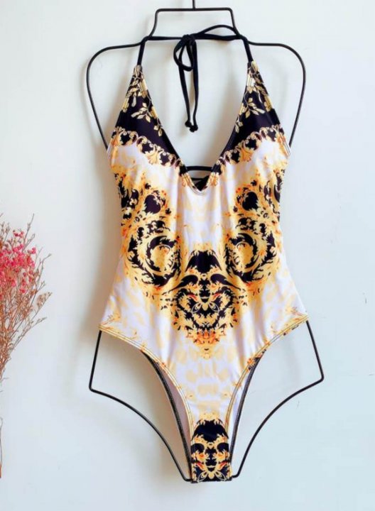 Women's One Piece Swimwear Leopard Tropical Print V Neck Open Back Knot One-Piece Swimsuit