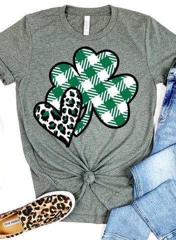 Women's St Patrick's Day T-shirts Leopard Plaid Heart Shamrock Print Round Neck Short Sleeve Casual T-shirts