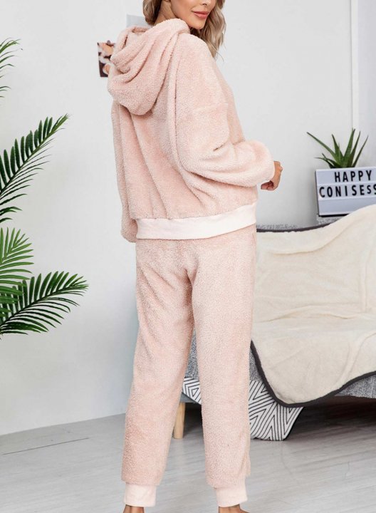 Women's Loungewear Sets Round Neck Long Sleeve Solid Hooded Two-Piece Pajama Sets