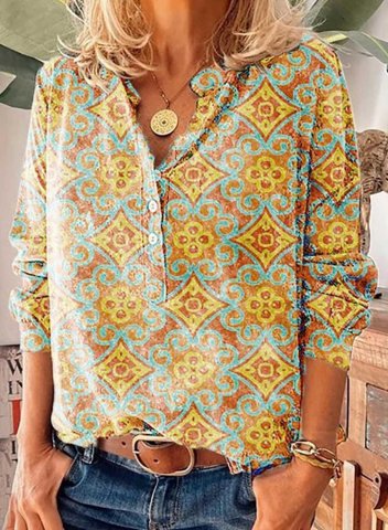 Women's Blouse Tribal Geometric Aztec Floral Print Geometric Long Sleeve Stand Neck Daily Button Shirt