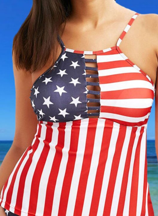 Women's Tankinis Mid Waist American Flag Color Block Cut Out Spaghetti Beach Tankinis