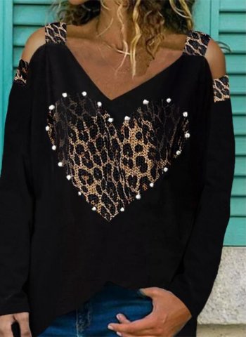 Leopard Cold Shoulder Long Sleeves Casual Blouses