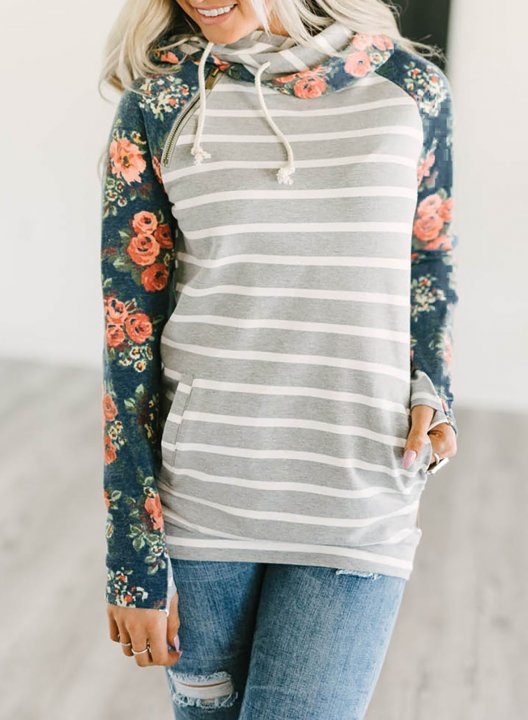 Floral-Print Paneled Striped Pocket Hoodie