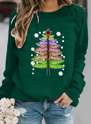 Women's Sweatshirts Dragonfly Christmas Tree Print Long-sleeve Round-neck Sweatshirt
