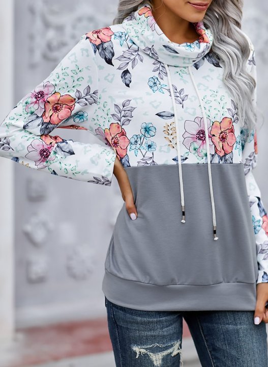 Color Block Long Sleeve High Neck Floral Sweatshirt