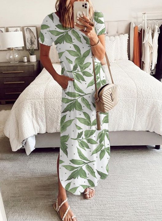 Women's Maxi Dresses Floral Short Sleeve Shift Round Neck Maxi Dress