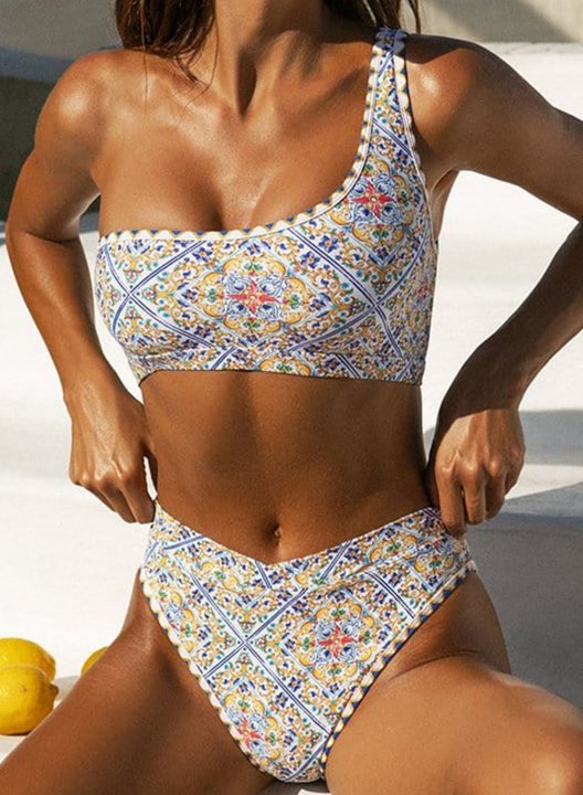 Women's Color Block One Shoulder Ruffle High Waisted Bikini Bathing Suits