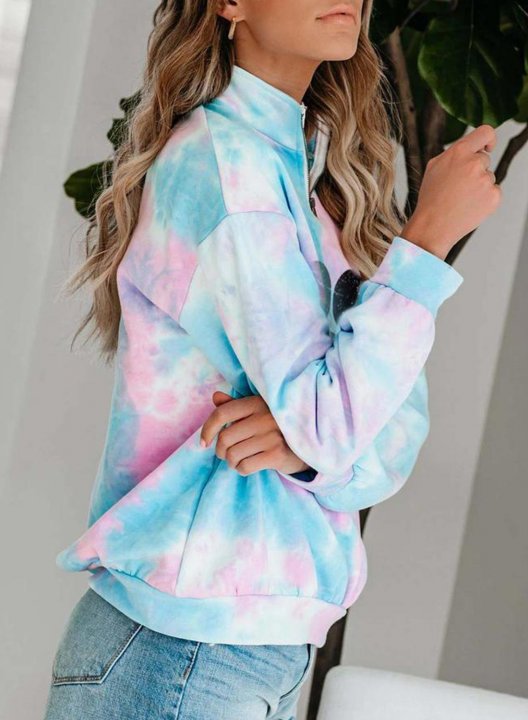 Tie Dye Animal Print Long Sleeve Stand Neck Zip Sweatshirt