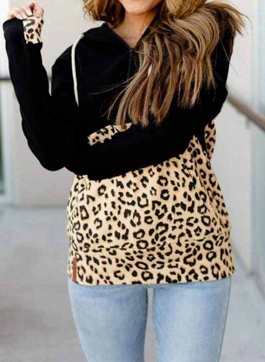 Color Block Leopard Camouflage Zip Front Hoodie