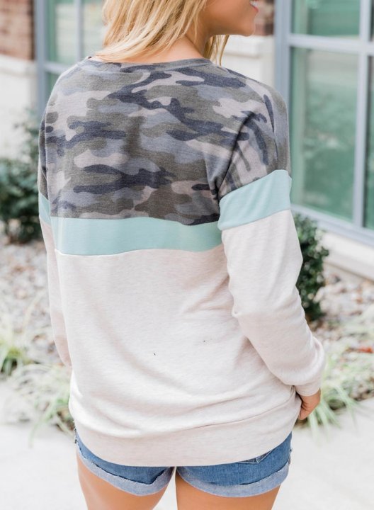 Camouflage/Color Block Long Sleeve Round Neck Basic Sweatshirt