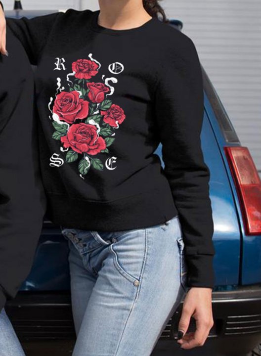 Women's Rose Print Sweatshirts Round Neck Long Sleeve Solid Floral Daily Casual Sweatshirts