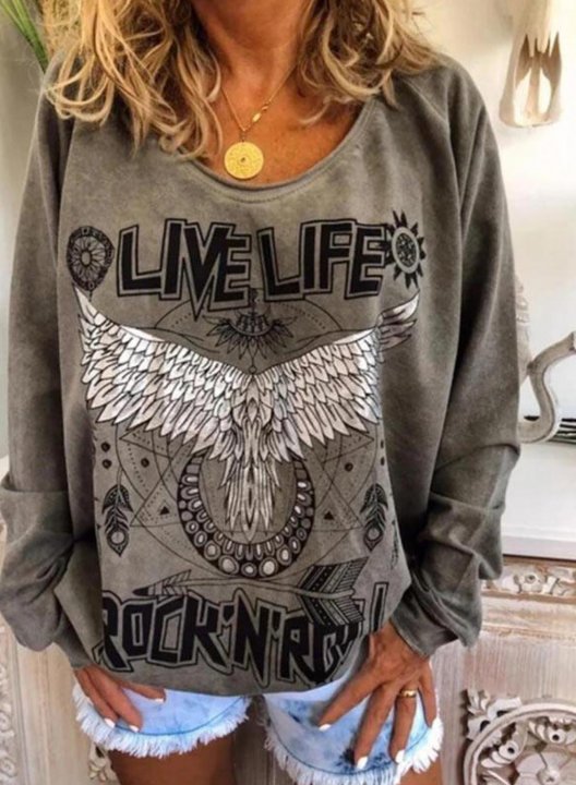 Solid Round Neck Long Sleeve Letter Print Sweatshirt