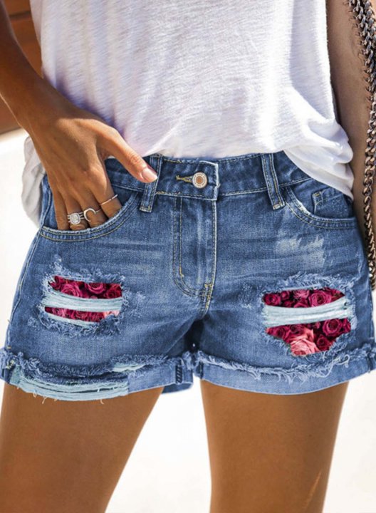 Women's Shorts Solid Straight Cut-out Rose Print Denim Mid Waist Summer Casual Shorts