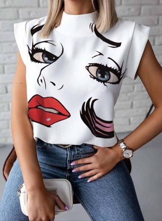 Women's T-shirts Portrait Abstract Color Block High Neck Short Sleeve Daily T-shirts