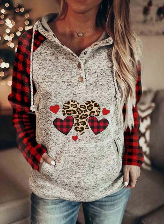 Women's Hoodies Plaid Heart Print Hoodies Drawstring Long Sleeve Plaid Hoodies With Pockets