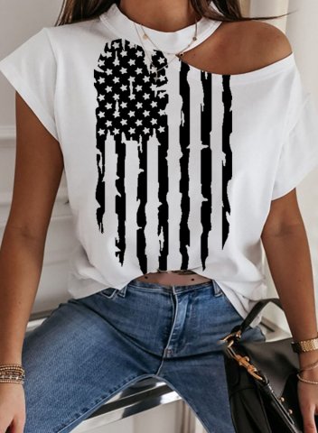 Women's T-shirts Striped Sunflower American Flag Star Cut-out Crew Neck Half Sleeve Casual Daily T-shirts