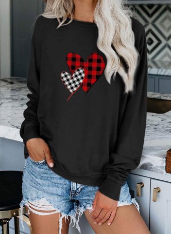 Women's Plaid Heart Print Sweatshirts Round Neck Long Sleeve Solid Sweatshirt