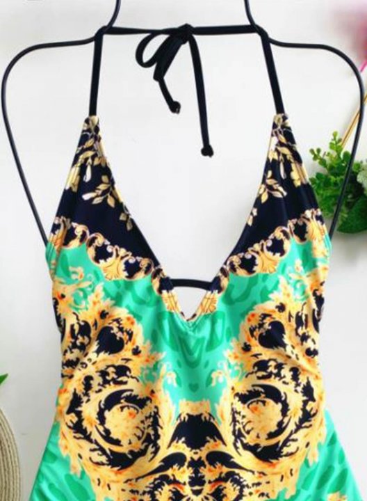 Women's One Piece Swimwear Leopard Tropical Print V Neck Open Back Knot One-Piece Swimsuit