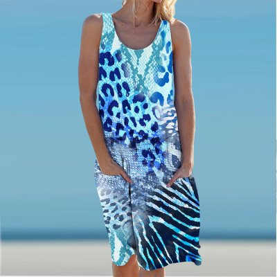 Ocean Leopard Print Holiday Casual Round Neck Sleeveless Dress Vest