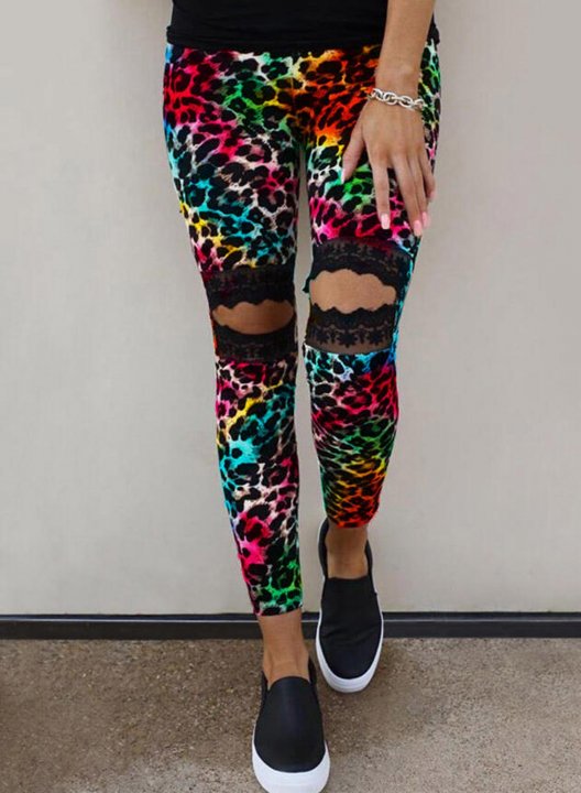 Women's Leggings Slim Cut-out Lace Leopard Mid Waist Full Length Casual Leggings