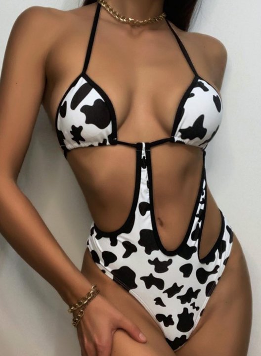 Women's One Piece Swimwear Color Block Leopard V Neck Criss Cross Open Back One-Piece Swimsuit