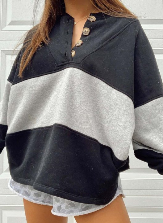 Color Block Long Sleeve V Neck Button Loose Sweatshirt