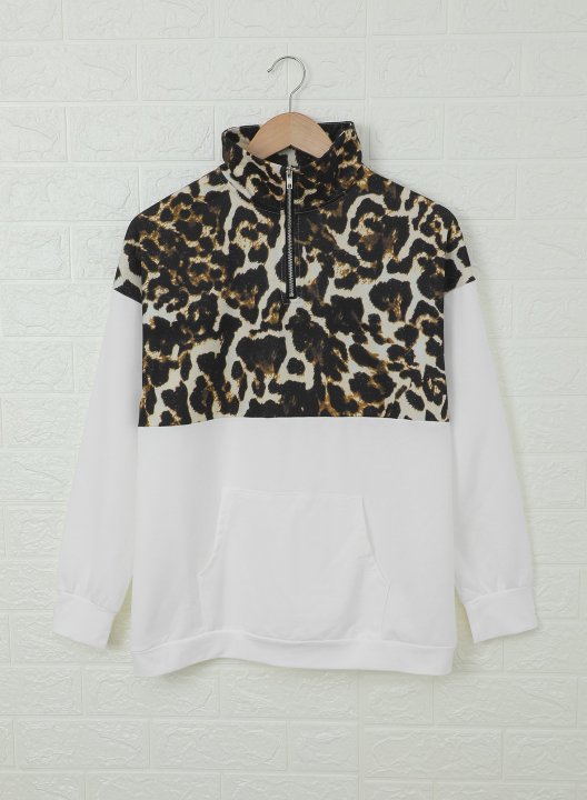 Color Block Leopard Long Sleeve Stand Neck Half Zip Sweatshirt