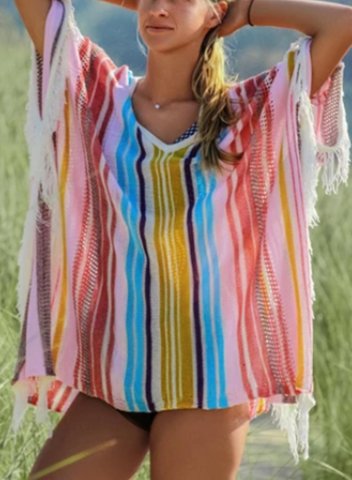 Women's Pullovers Tassels Mesh Striped Multicolor Half Sleeve Round Neck Vacation Boho Tunic Pullover