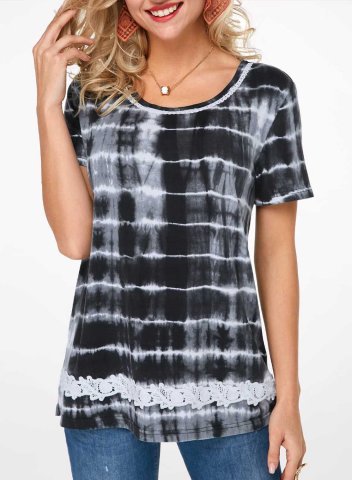 Women's T-shirts Lace Striped Tiedye Short Sleeve Round Neck Daily Casual T-shirt