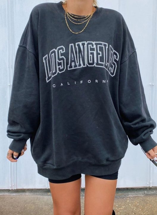 Solid Long Sleeve Round Neck Letter Sweatshirt