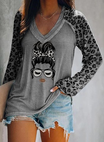 Women's T-shirts Leopard Portrait Print Long Sleeve V Neck Daily T-shirt