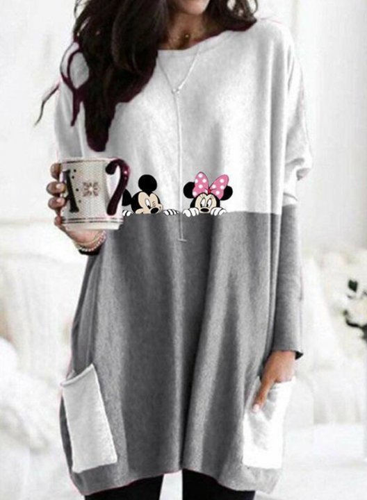 Women's Color Block Minnie&Mickey Mouse Print Tunic Tops Long Sleeve Round Neck Tunic Sweatshirt