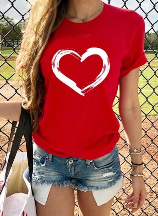 Women's T-shirts Heart-shaped Print Short Sleeve Round Neck Daily T-shirt