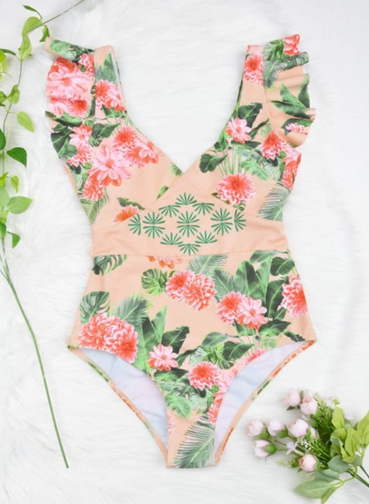 Women's One Piece Swimwear Floral V Neck Short Sleeve Under-wire Ruffle Casual One-Piece Swimsuits One-Piece Bathing Suits