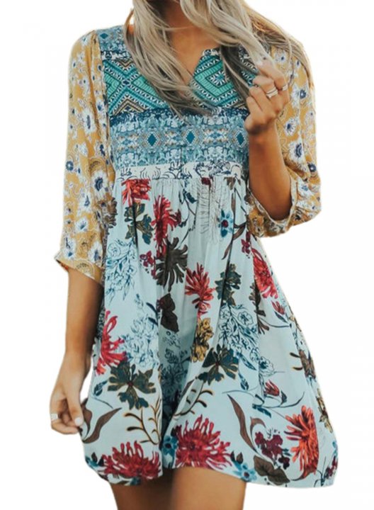 Women's Mini Dresses Floral Flare 3/4 Sleeve V Neck Dress