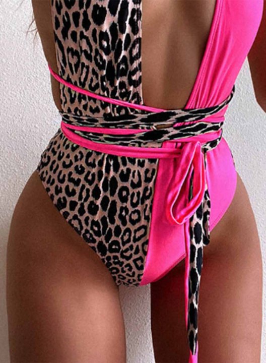 Women's One-Piece Swimsuits One-Piece Bathing Suits Open Back Cold Shoulder Twisted Leopard V Neck One-Piece Swimsuit